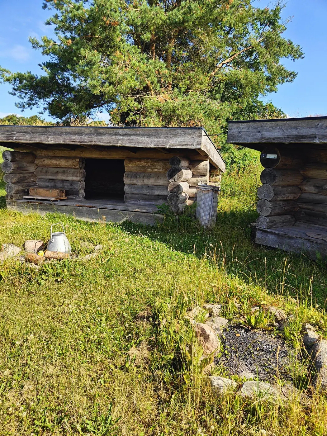 Shelters mellem træer og græs